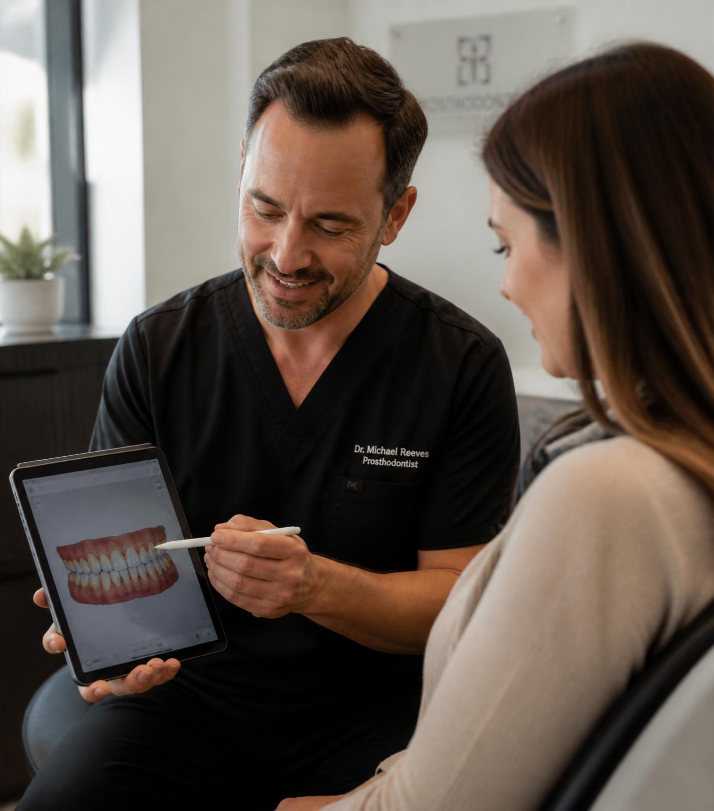 Dr Christopher Smith reviewing a 3D dental scan with a patient at Bay Dental